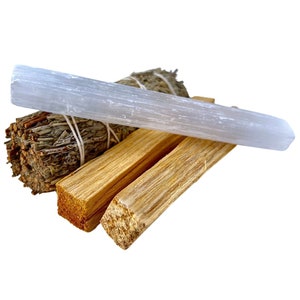 Energy Cleansing Kit - Palo Santo, Sage Cleansing Stick, & Raw Selenite Wand - Blue Sage Bundle - Smoke Cleansing Kit - Great New Home Gift!