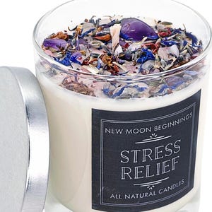 Stress Relief Candles - Lavender Candle or Tealights - Soy Aromatherapy Candle w/ Amethyst, Rose Quartz, Clear Quartz 7.75 oz Glass Jar