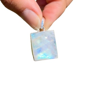 Raw Rainbow Moonstone Pendant - Square Rainbow Moonstone Necklace - Sterling Silver - Rainbow Moonstone Crystal Jewelry - Moonstone #2882
