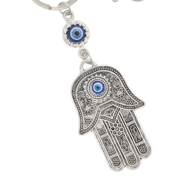 Silver Colored Hamsa Keychain - Evil Eye Keychain - Hamsa Hand Key Chain - Evil Eye Protection Keychain - Protection, Power and Strength