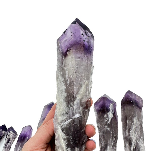 Raw Amethyst Crystal Point with Root (3.5" - 10") - Bahia Amethyst Dragon Tooth - Amethyst Cathedral Point - Elestial Amethyst Wand