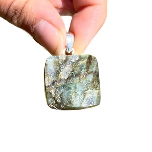 Raw Labradorite Square Pendant - Labradorite Crystal Pendant - Rough Labradorite Pendant - Square Labradorite in Sterling Silver - 392