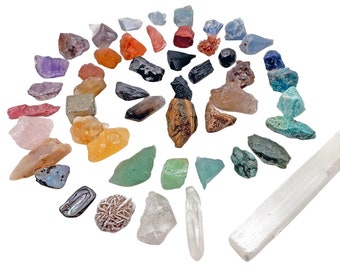 Beginners Crystal Set - 49 Pieces - Healing Crystal Starter Kit - 49 Gemstones + Info and ID Cards - Raw Chakra Stones & Assorted Crystals