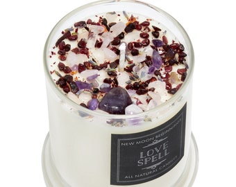 Bougies Love Spell - Bougie rituelle d'amour - Bougie en cristal de soja pour l'amour - Manifest Love - Bougie grenat, quartz rose, améthyste - Faite à la main !