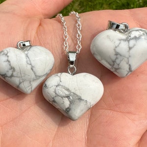 White Howlite Heart Pendant - White Heart Shaped Crystal Pendant - Polished White Howlite Crystal Necklace - Howlite Crystal Heart Jewelry