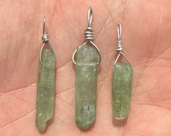 Green Kyanite Pendant on Sterling Silver Wire - Natural Green Kyanite Crystal Necklace - Polished Green Kyanite Crystal Pendant