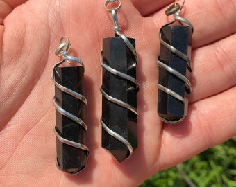 Shungite Necklace - Polished Shungite Point Pendant - Wire Wrapped Shungite Necklace - Crystal Necklace - Shungite Jewelry