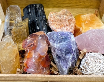 Positive Energy & Confidence Crystal Set - Crystals and Stones Set - Attract Confidence and Strength - Raw Crystal Gift Box - 9