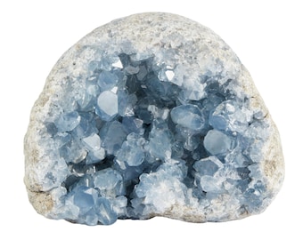 May include: A blue celestite geode with a rough exterior and a hollow interior filled with sparkling blue crystals.