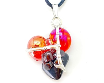 Root Chakra Amulet - Earth Energy Amulet - Black Obsidian, Garnet, & Aura Quartz - Root Chakra Necklace - Root Chakra Grounding Crystals