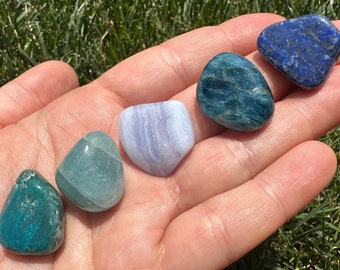 Throat Chakra Crystal Set - Tumbled Aquamarine, Blue Lace Agate, Lapis Lazuli, Blue Apatite, Chrysocolla - Throat Chakra Balancing Kit