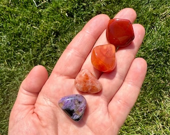 Strength Crystal Set - Energy Healing - Healing Crystals and Stones - Tumbled Charoite, Sunstone, Red Jasper, Carnelian - Inner Strength Kit