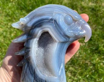 Cabeça de águia esculpida à mão em ágata - Cabeça de águia polida em ágata - Animal de ágata drusa - Águia de cristal - Escultura de águia esculpida à mão - #3 - 25% de desconto