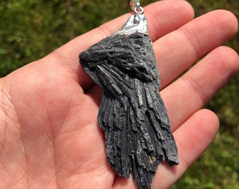 Black Kyanite Necklace - Raw Black Kyanite Pendant - Raw Kyanite Jewelry - Kyanite Blade Pendant - Witches Broom Necklace - Healing Necklace