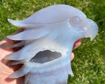 Cabeça de águia esculpida à mão em geodo de ágata - Cristal de cabeça de águia em ágata polida - Ágata esculpida - Ágata drusa - Escultura de águia esculpida - 2 - 25% de desconto