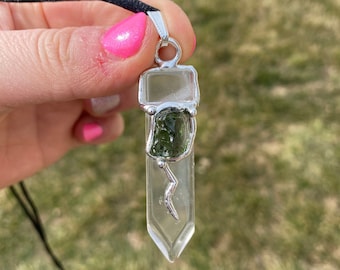 Moldavite & Clear Quartz Blade Amulet - Moldavite Necklace - Love and Transformation Amulet - Genuine Moldavite - Crystal Necklace