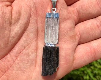 Raw Selenite Black Tourmaline pendant - Selenite necklace with Black Tourmaline - raw selenite pendant Black Tourmaline jewelry - silver