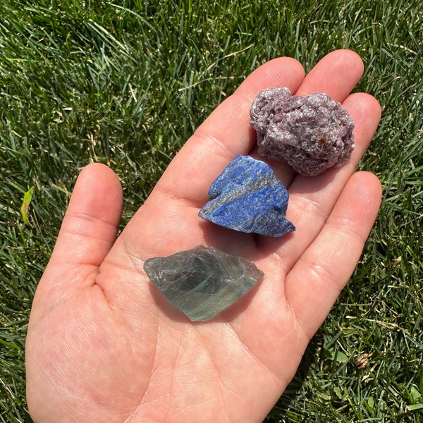 Third Eye Chakra Stone Set - Healing Crystals and Stones - Raw Fluorite, Raw Lapis Lazuli, & Raw Lepidolite - Third Eye Chakra Balance