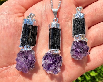 Raw Black Tourmaline & Raw Amethyst Cluster Pendant - Amethyst Necklace with Black Tourmaline Crystal - Crystal Pendant - Healing Necklace