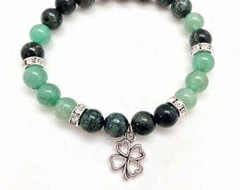 Green Aventurine and Kambaba Jasper bracelet with silver four leaf clover charm - elastic bracelet - green aventurine bracelet