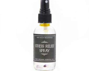Spray anti-stress - Huiles essentielles d'agrumes et de lavande - Brume anti-stress - Améthyste, quartz et aigue-marine - Aromathérapie - Spray d'ambiance