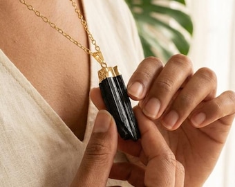 Raw Black Tourmaline Pendant - Black Crystal Necklace - Gold Color Metal - Black Tourmaline Pendant - Black Tourmaline Stone Necklace