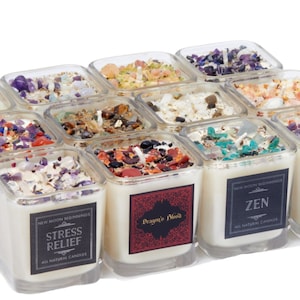 7.5 oz Candle Crystal Candle in Glass Jar - Square 7.5 Ounce Container Candle - Crystal Intention Candles - Candle Gifts - Handmade in USA!