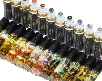 Zodiac Sign Oil Roller - Crystal Roller Bottle - Zodiac Perfume - Crystals & Herbs - Astrology Ritual Oil - Astrology Gifts - Zodiac Gifts