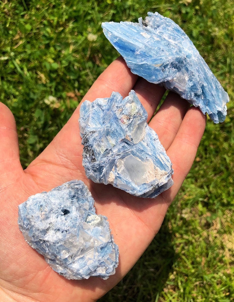 May include: Three blue kyanite crystal clusters with a layered, striated texture. The crystals are arranged on a hand, showcasing their size and shape.