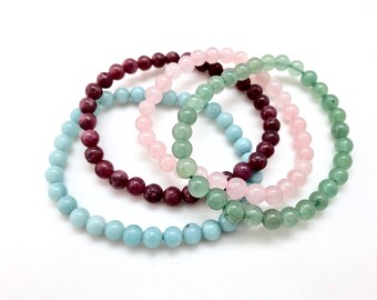 Worry & Calming crystal bracelet set - elastic bracelets healing crystals and stones - lepidolite, rose quartz, amazonite, green aventurine