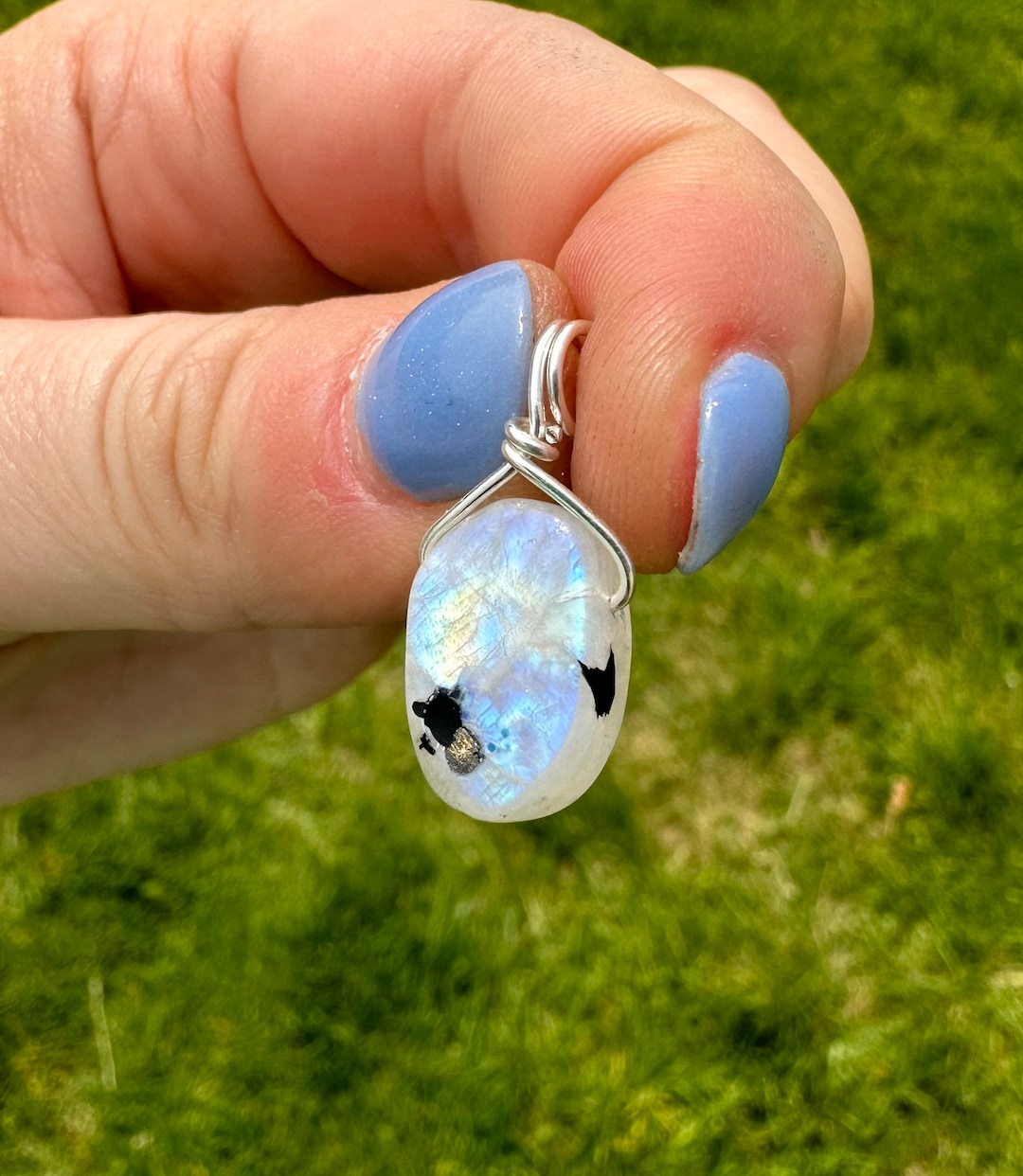 Rainbow Moonstone Pendant Sterling Silver Wire Wrapped Moonstone
