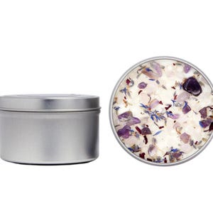 Stress Relief Candles - Lavender Candle or Tealights - Soy Aromatherapy Candle w/ Amethyst, Rose Quartz, Clear Quartz 8oz Round Tin