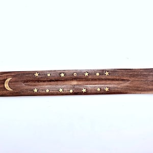 Mond und Sterne Räucherstäbchenhalter - Messingeinsatz Sterne und Mond Weihrauchbrenner - Räucherstäbchenhalter aus Holz - Räucherstäbchenhalter - Aschefänger aus Holz