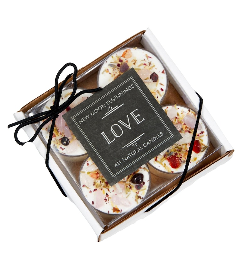 Love Candles - Happiness & Love Candle - Anniversary Gift - Wedding Candle - Soy Aromatherapy Candle - Crystal Candle for Love - Handmade! Set of 4 Tealights