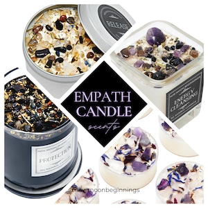 May include: Assortment of candles with various crystals and herbs. The candles are labeled "Protection", "Release", and "Energy Cleansing". The candles are all natural and made by New Moon Beginnings.