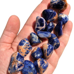 May include: A collection of tumbled blue and brown sodalite stones. The stones are smooth and polished, with a variety of patterns and swirls.