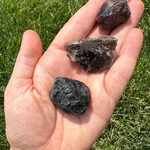 Puede incluir: Tres piedras preciosas en bruto, en tonos marrones y negros, se muestran en la palma de una mano abierta sobre un fondo de hierba verde. Las piedras tienen superficies rugosas y texturizadas y parecen cristales naturales.