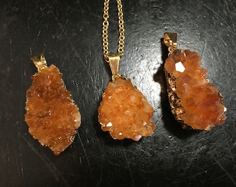 Raw Citrine Pendant (Heat Treated) - Gold Color Backing- Small Citrine Cluster Necklace - Healing Crystal Necklace - Brazilian Citrine