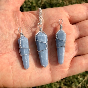 Angelite Pendant (Anhydrite) from Peru - Wire Wrapped Angelite - Blue Anhydrite Crystal - Polished Point Pendant - Angelite Jewelry