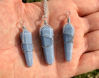 Angelite Pendant (Anhydrite) from Peru - Wire Wrapped Angelite - Blue Anhydrite Crystal - Polished Point Pendant - Angelite Jewelry