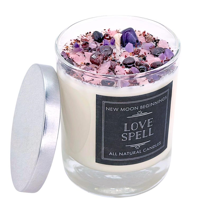 Love Spell Candles - Love Ritual Candle - Soy Crystal Candle for Love - Manifest Love - Garnet, Rose Quartz, Amethyst Candle - Handmade! image 1