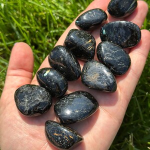 May include: A collection of polished black tourmaline stones, each with a smooth, rounded shape. The stones have a glossy, reflective surface with subtle variations in texture and color. The stones are held in an open hand against a backdrop of green grass.