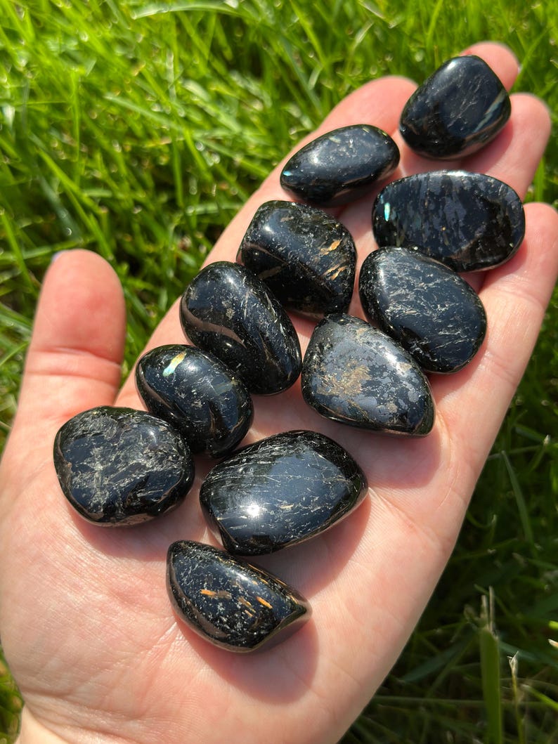 May include: A collection of polished black tourmaline stones, each with a smooth, rounded shape. The stones have a glossy, reflective surface with subtle variations in texture and color. The stones are held in an open hand against a backdrop of green grass.