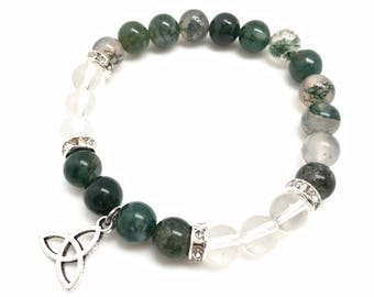 Moss Agate & Clear Quartz Bracelet Triquetra Charm - elastic bracelet - Healing Crystal Bracelet - Moss Agate Bracelet - moss agate stone