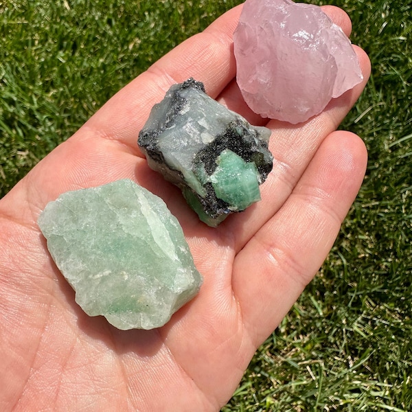Raw Crystal Heart Chakra Stone Set - Crystals and Stones - Rose Quartz, Emerald, & Green Aventurine - Heart Chakra Balancer Kit