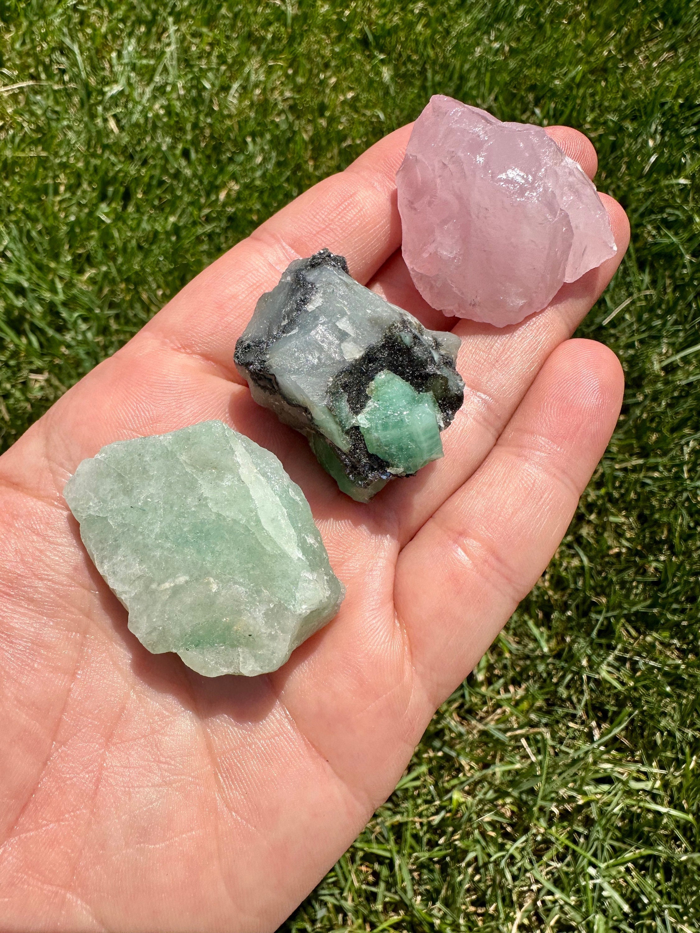 Raw Crystal Heart Chakra Stone Set - Crystals and Stones - Rose Quartz, Emerald, & Green Aventurine - Heart Chakra Balancer Kit