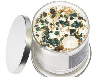 Winter Forest Candle - Pine, Eucalyptus - Crystal & Herb Candles - Aromatherapy Candles - soy candle - Bloodstone, Clear Quartz point