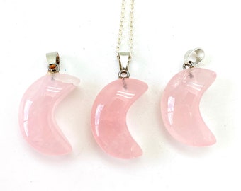 Rose Quartz Crescent Moon Necklace - Rose Quartz Pendant - Polished Rose Quartz Moon - Healing Crystal Necklace - Rose Quartz Jewelry