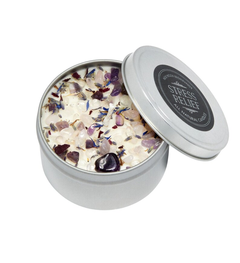 Stress Relief Candles - Lavender Candle or Tealights - Soy Aromatherapy Candle w/ Amethyst, Rose Quartz, Clear Quartz image 4