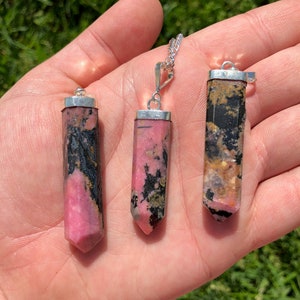 Rhodonite Pendant - Sterling Silver Rhodonite Necklace - Rhodonite Jewelry - Crystal Necklace - Polished Rhodonite Pendant image 3